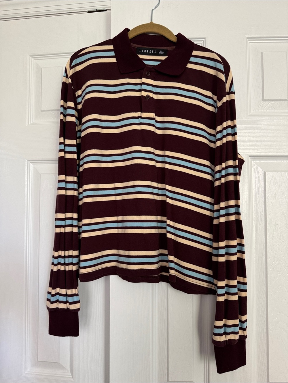 Lioness Women’s Long Sleeve Burgundy Stripe Polo Top - Size XL